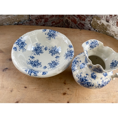 369 - Attractive Victorian Ironstone Wash Bowl & Jug With Delicate Blue & White Floral Design