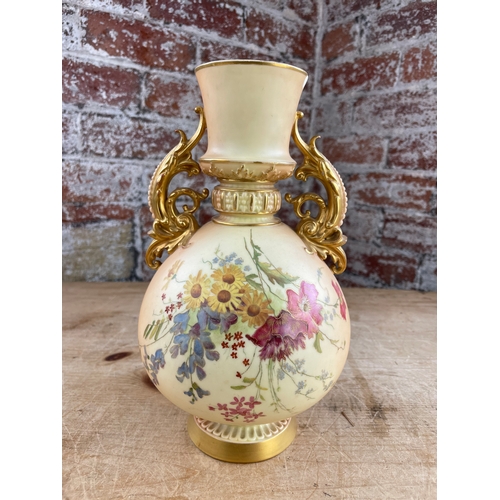 372 - Royal Worcester Blush Ivory Dolphin Handled Vase a/f Chip To Rim.