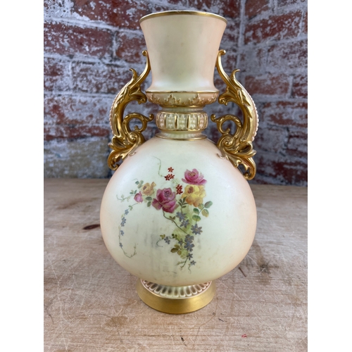 372 - Royal Worcester Blush Ivory Dolphin Handled Vase a/f Chip To Rim.