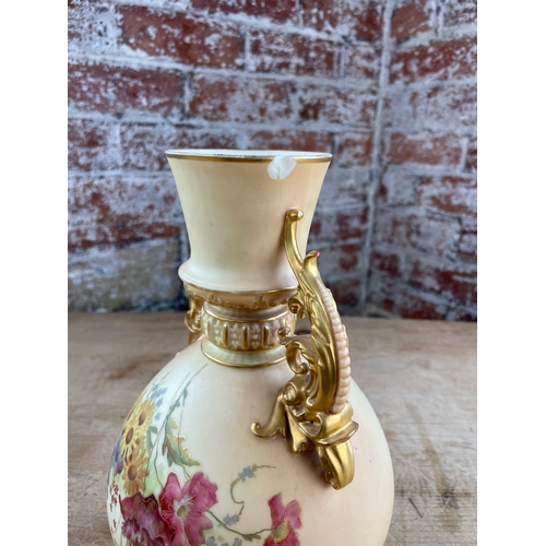 372 - Royal Worcester Blush Ivory Dolphin Handled Vase a/f Chip To Rim.