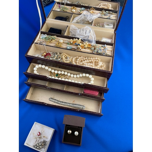 403 - Large Vintage Jewellery Box With Costume Jewellery Inc. Vintage Brooches.