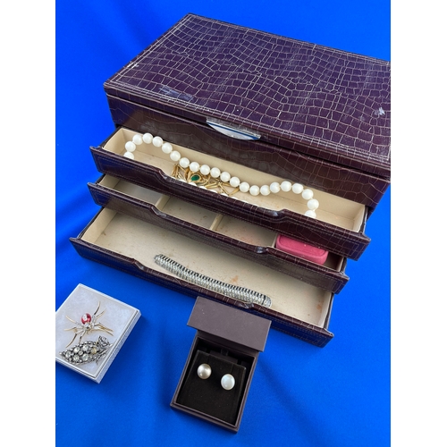 403 - Large Vintage Jewellery Box With Costume Jewellery Inc. Vintage Brooches.