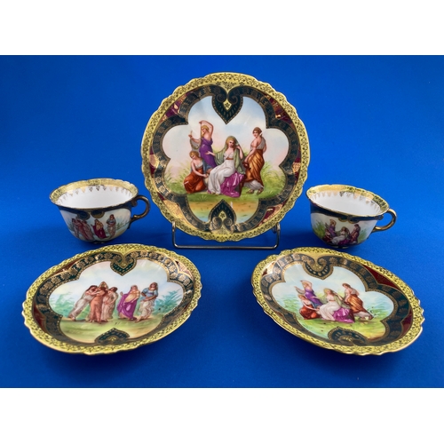 378 - Nice Group Of Royal Vienna Hand Painted Gilt Edge Tea Cups, saucers & Plate.