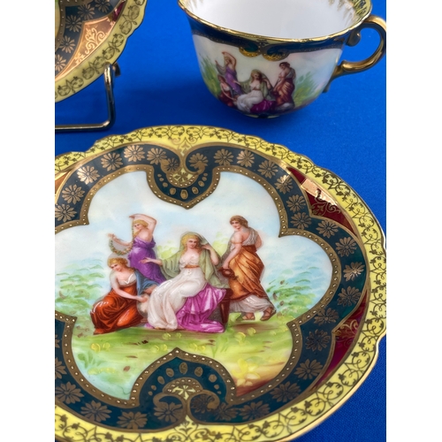 378 - Nice Group Of Royal Vienna Hand Painted Gilt Edge Tea Cups, saucers & Plate.