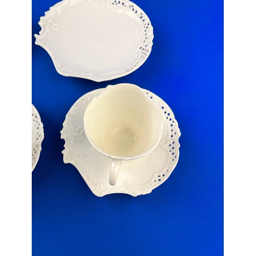 381 - Antique Lattice Creamware Trios With Royal Worcester Reg. No.