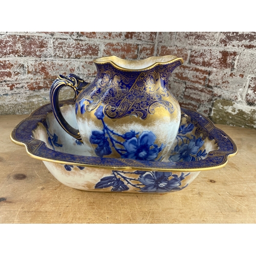 383 - Victorian Doulton Burslem Wash Bowl & Jug. Flow Blue Rose With Gilt Detail.