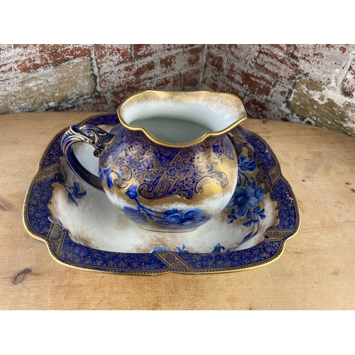 383 - Victorian Doulton Burslem Wash Bowl & Jug. Flow Blue Rose With Gilt Detail.