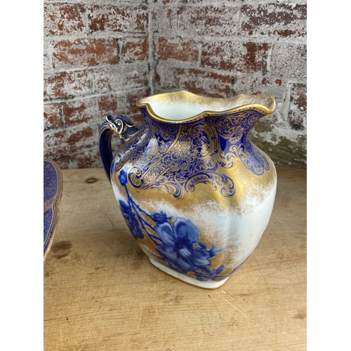 383 - Victorian Doulton Burslem Wash Bowl & Jug. Flow Blue Rose With Gilt Detail.