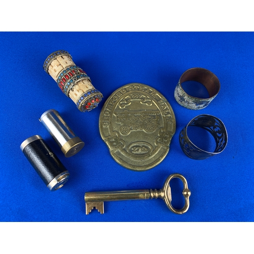 398 - Interesting Group of collectables inc. Tibetan Prayer Wheel, Brass Plaque, Vintage Key Corkscrew etc... 