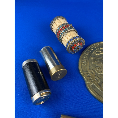 398 - Interesting Group of collectables inc. Tibetan Prayer Wheel, Brass Plaque, Vintage Key Corkscrew etc... 