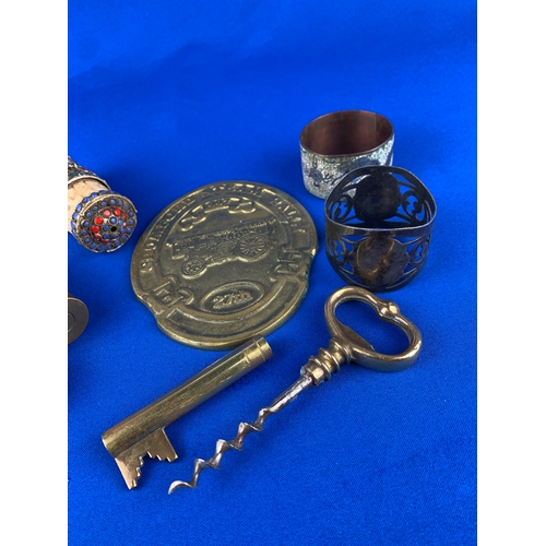 398 - Interesting Group of collectables inc. Tibetan Prayer Wheel, Brass Plaque, Vintage Key Corkscrew etc... 