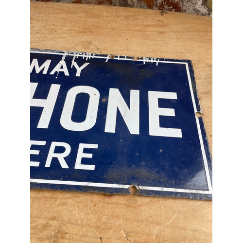 171 - Vintage Enamel Double Sided Telephone Sign. Possibly Railway Station Platform.