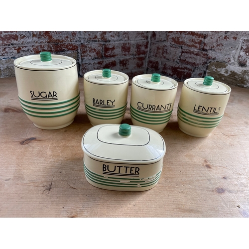 377 - Minton Art Deco Storage Jars With Lids, Sugar, Barley, Currants, Lentils & Butter.