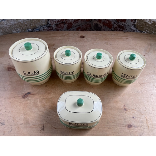 377 - Minton Art Deco Storage Jars With Lids, Sugar, Barley, Currants, Lentils & Butter.