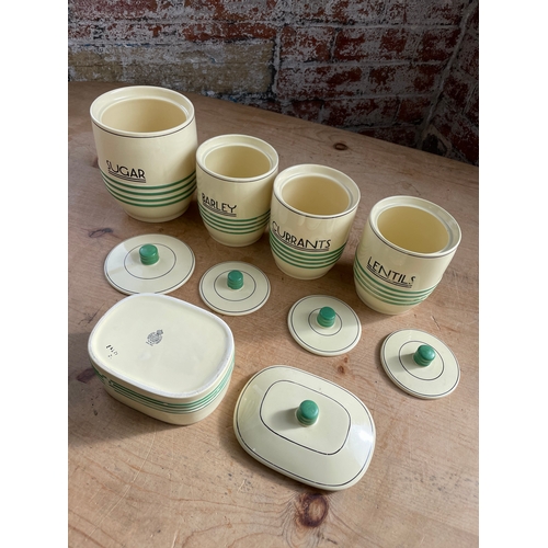 377 - Minton Art Deco Storage Jars With Lids, Sugar, Barley, Currants, Lentils & Butter.