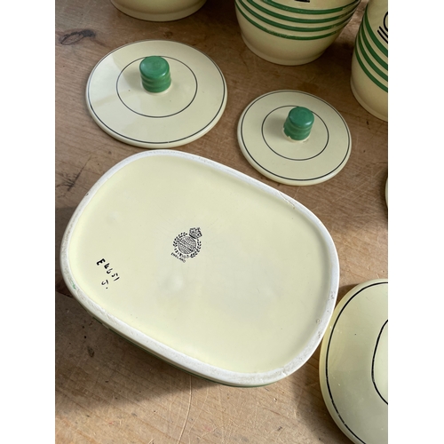 377 - Minton Art Deco Storage Jars With Lids, Sugar, Barley, Currants, Lentils & Butter.