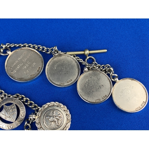 3 - Silver Pocket Watch Chain Featuring 1920-40's Solid Silver Athletics Medals and Gothic Florin Re-Str... 