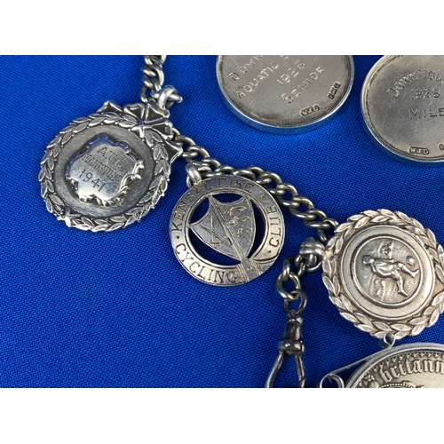 3 - Silver Pocket Watch Chain Featuring 1920-40's Solid Silver Athletics Medals and Gothic Florin Re-Str... 