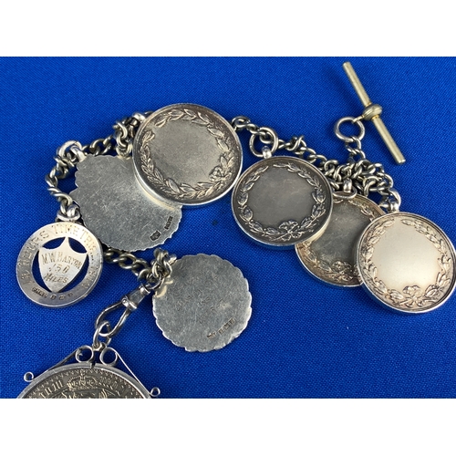 3 - Silver Pocket Watch Chain Featuring 1920-40's Solid Silver Athletics Medals and Gothic Florin Re-Str... 