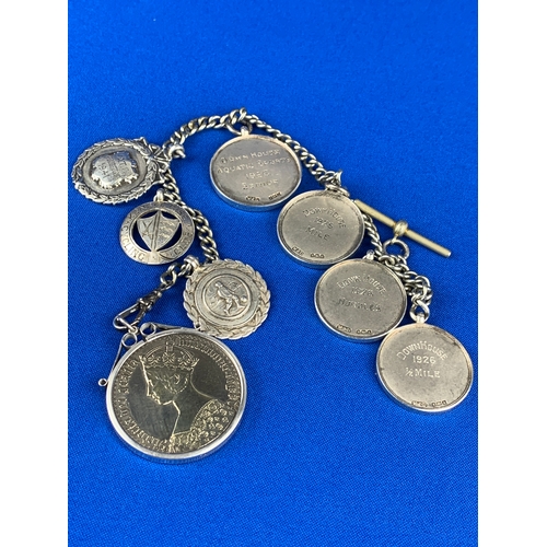 8 - Silver Pocket Watch Chain Featuring 1920-40's Solid Silver Athletics Medals and Gothic Florin Re-Str... 