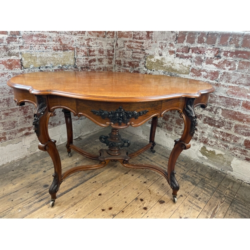 504 - Elegant Antique French Rosewood Rococo Style Figured Table. Drawers To Both Sides & Carved Urn Finia... 