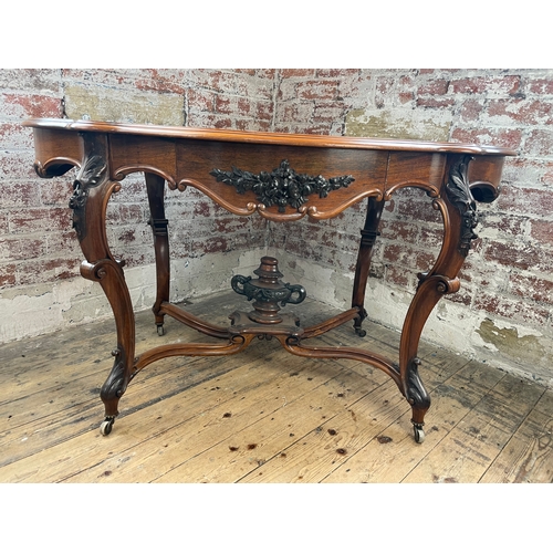 504 - Elegant Antique French Rosewood Rococo Style Figured Table. Drawers To Both Sides & Carved Urn Finia... 