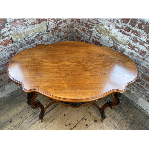 504 - Elegant Antique French Rosewood Rococo Style Figured Table. Drawers To Both Sides & Carved Urn Finia... 