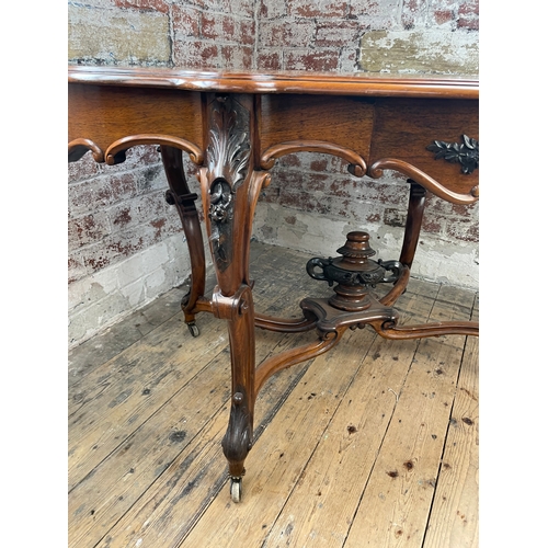 504 - Elegant Antique French Rosewood Rococo Style Figured Table. Drawers To Both Sides & Carved Urn Finia... 