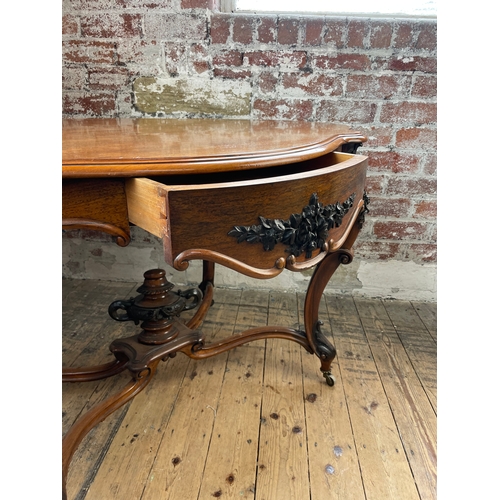 504 - Elegant Antique French Rosewood Rococo Style Figured Table. Drawers To Both Sides & Carved Urn Finia... 