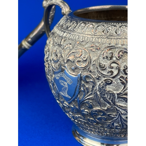 20 - Ornate Indian Silver Tea Set 1050g. With Engraved Griffin Shield & Latin Quote 