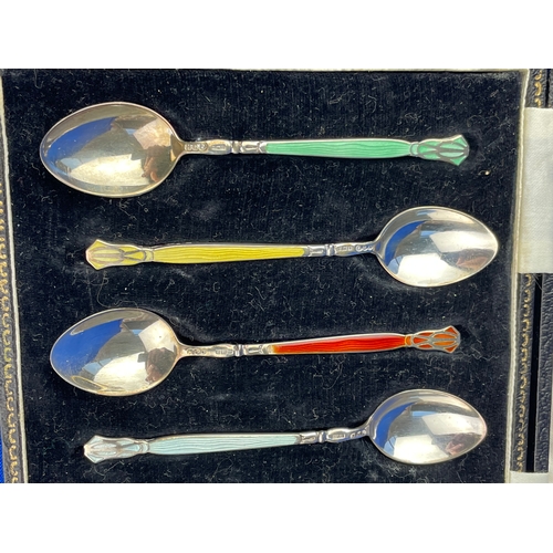 25 - Stunning Boxed Set Of Sterling Silver & Enamel Art Deco Style Tea Spoons. Birmingham 1955.