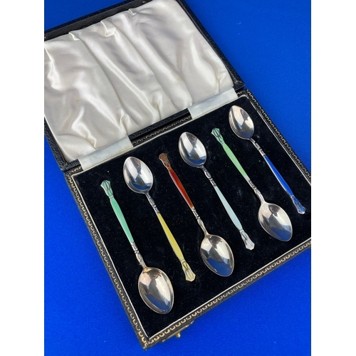 25 - Stunning Boxed Set Of Sterling Silver & Enamel Art Deco Style Tea Spoons. Birmingham 1955.