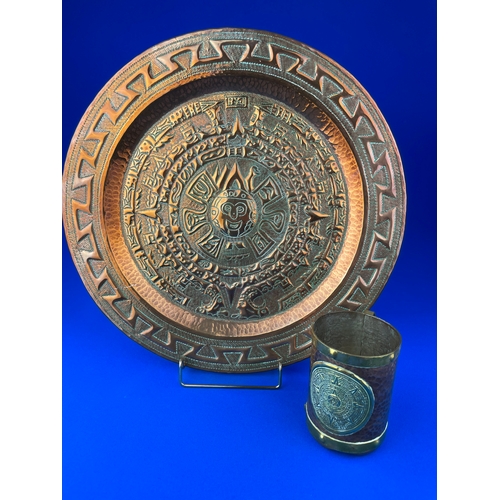 219 - Mexican Copper Tray Depicting The Aztec Calendar & Mexican Hammered Copper Mug by R.Z.S. Also Depict... 