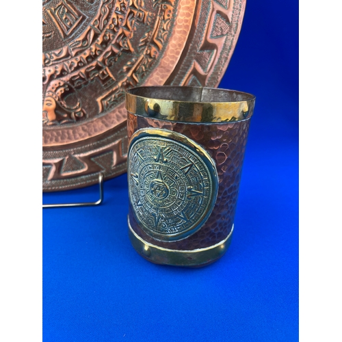 219 - Mexican Copper Tray Depicting The Aztec Calendar & Mexican Hammered Copper Mug by R.Z.S. Also Depict... 