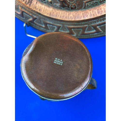 219 - Mexican Copper Tray Depicting The Aztec Calendar & Mexican Hammered Copper Mug by R.Z.S. Also Depict... 