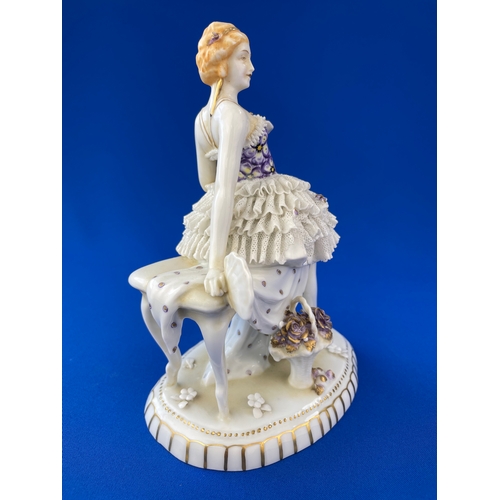 309 - 1930's E A Muller Schwarza Porcelain Figure. Damage to Skirt Lattice Work.