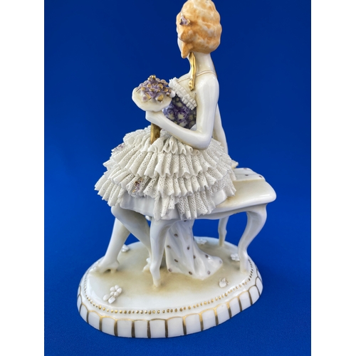 309 - 1930's E A Muller Schwarza Porcelain Figure. Damage to Skirt Lattice Work.