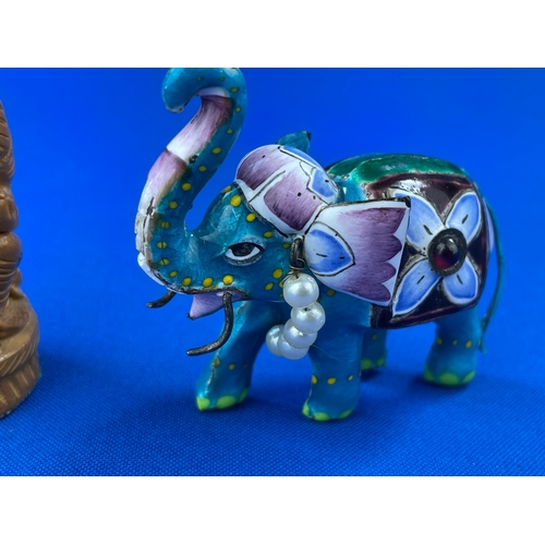 222 - Miniature Enamel Elephant & Carved Elephant Deity.