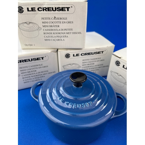 224 - Four As New Le Creuset Mini Casserole Pots. All In Blue.