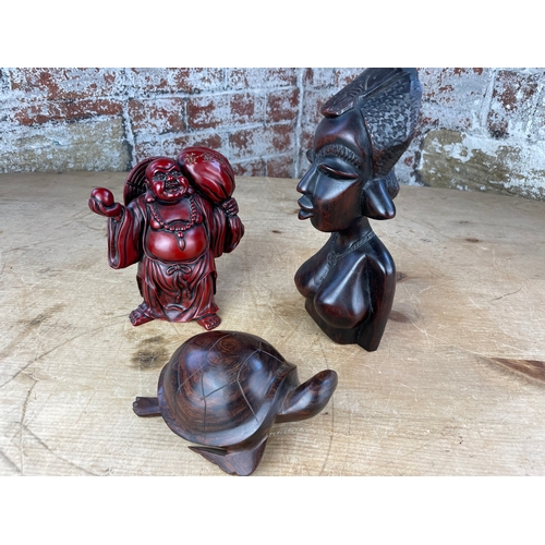 212 - Two African Hardwood Carvings & Resin Buddha Figure