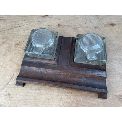 191 - Vintage Oak & Glass Inkwells & Pen Stand. Desk Tidy.