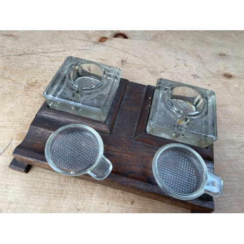 191 - Vintage Oak & Glass Inkwells & Pen Stand. Desk Tidy.