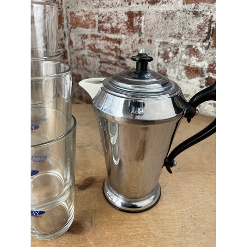 192 - Art Deco Coffee Pot & 8 Glasses Depicting Cast Iron Money Boxes