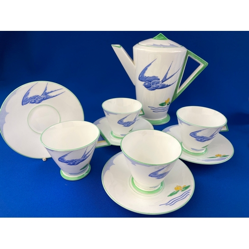 36 - Rare Shelley Art Deco C.1931 BLUEBIRD Pattern (11843) Mode Shape Teapot, 4 Demitasse Cups & Saucers ... 