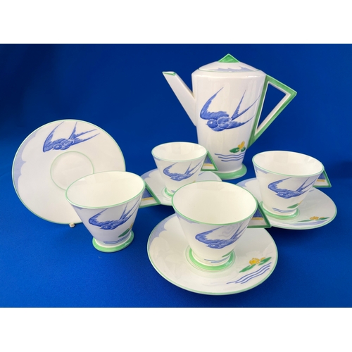 36 - Rare Shelley Art Deco C.1931 BLUEBIRD Pattern (11843) Mode Shape Teapot, 4 Demitasse Cups & Saucers ... 