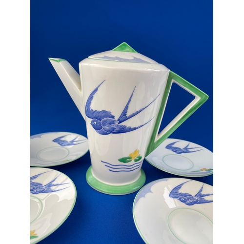 36 - Rare Shelley Art Deco C.1931 BLUEBIRD Pattern (11843) Mode Shape Teapot, 4 Demitasse Cups & Saucers ... 