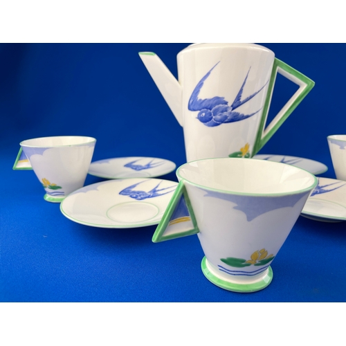 36 - Rare Shelley Art Deco C.1931 BLUEBIRD Pattern (11843) Mode Shape Teapot, 4 Demitasse Cups & Saucers ... 