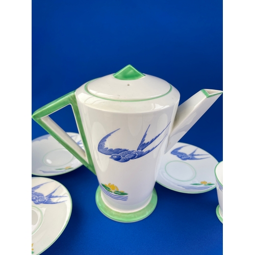 36 - Rare Shelley Art Deco C.1931 BLUEBIRD Pattern (11843) Mode Shape Teapot, 4 Demitasse Cups & Saucers ... 