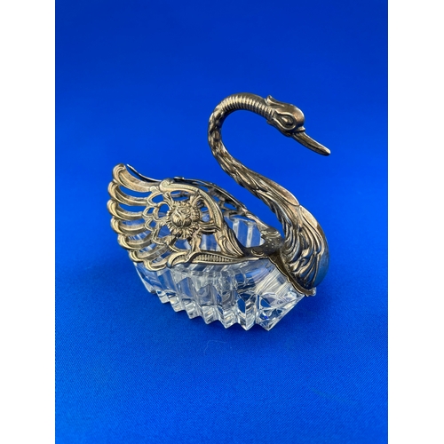 32 - Silver & Cut Glass Swan Double Table Salt. Articulated Wings With No Stress Fractures. Makers Mark E... 