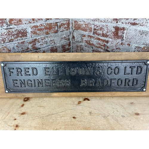 90A - Vintage Cast Iron Sign Mounted On Oak. Fred Ellison & Co. Ltd. Engineers Bradford